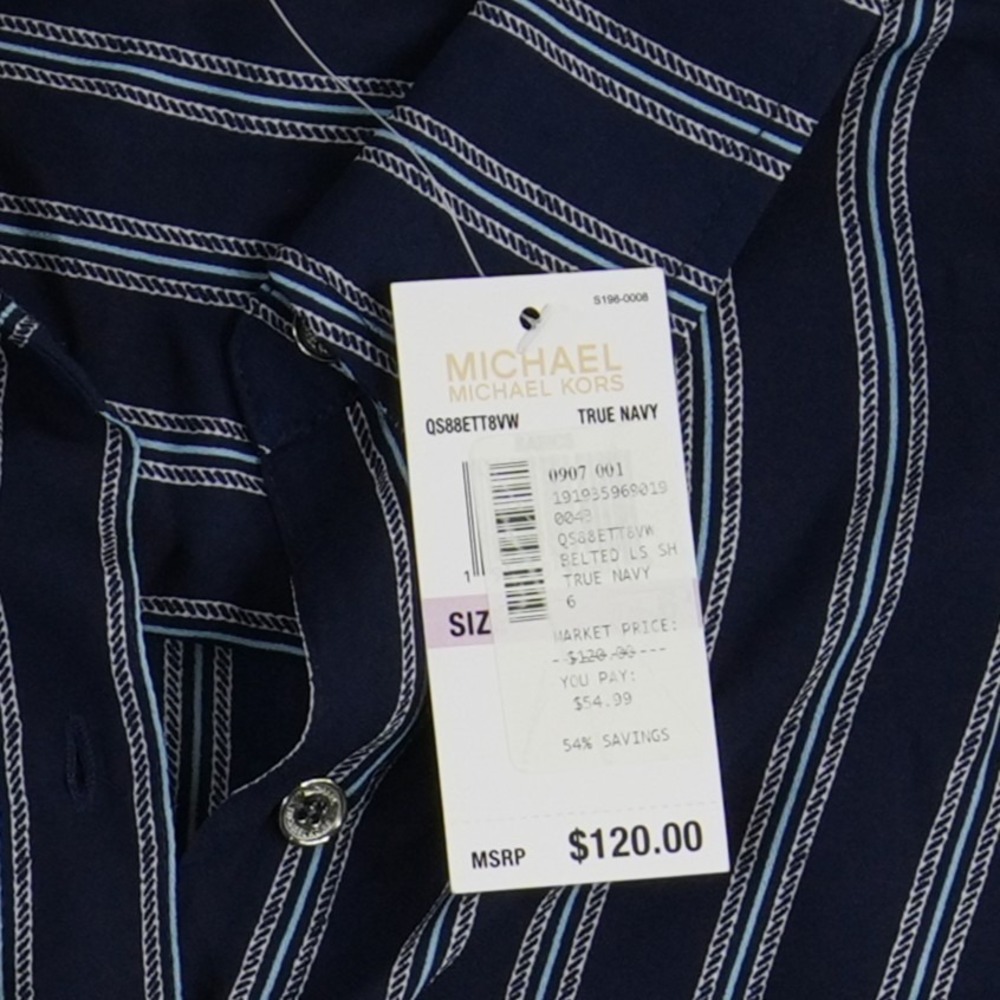 NWT Michael Michael Kors Shirt‎ Dress Women's Size 6 Navy Blue Belted Striped - Picture 5 of 9